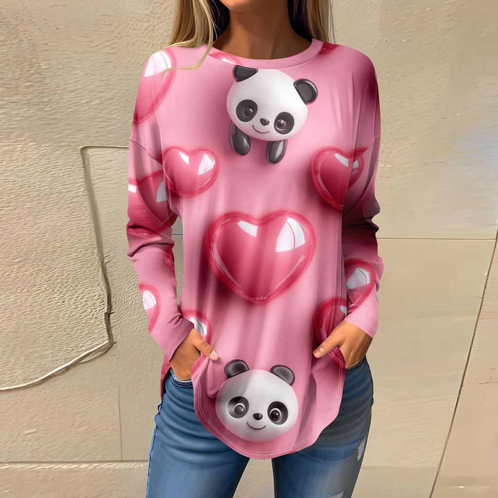 Tee Shirts For Women Casual Round Neck Long Sleeve Shirts Valentine's Day Printing Top Pullover