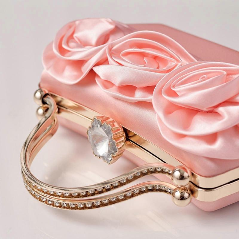 Elegant 3D Floral Rhinestones Satins Clutch Evening Bag for Wedding and Formal Event Women Crossbody Chain Handbag Purse Burgundy less