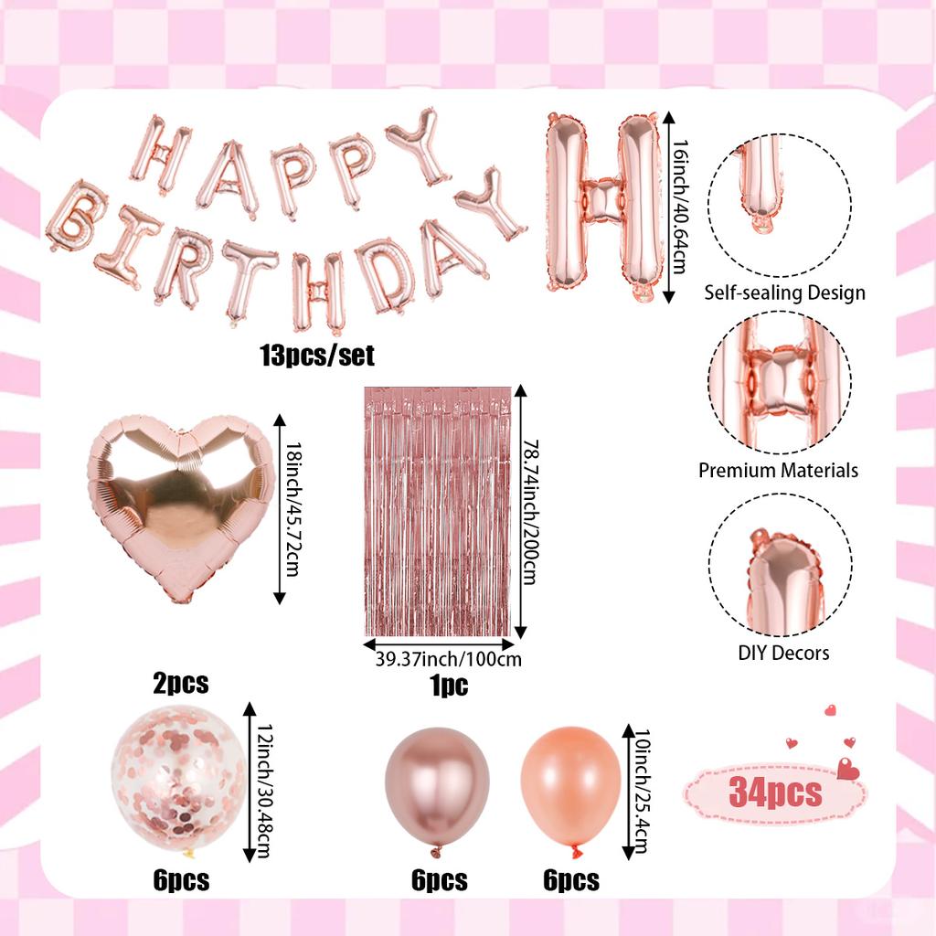 34 шт. украшений для дня рождения из розового золота, включая занавески с кисточками, воздушные шары с днем рождения, воздушные шары из алюминиевой пленки в форме сердечек