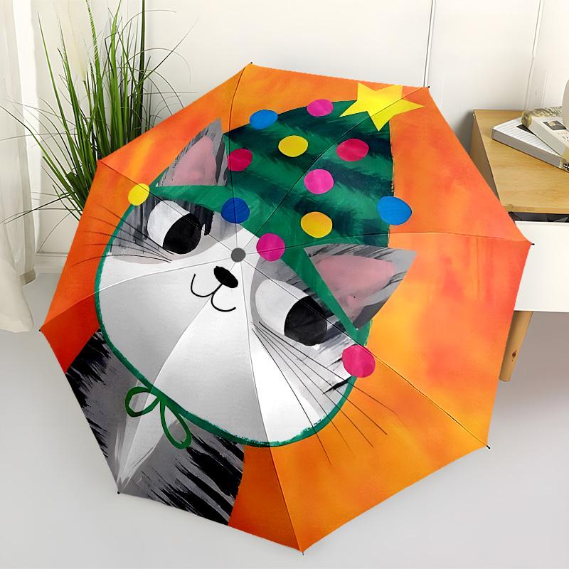1pc Cat Christmas Automatic Folding Umbrella - Portable Collapsible Design, 8-Rib Iron Frame, Playful Design yy251215231