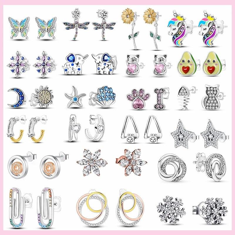925 Silver Snowflake Butterfly Dragonfly Stud Earrings Avocado Star Moon Cat Paw Small Earrings For Women Jewelry Pendientes