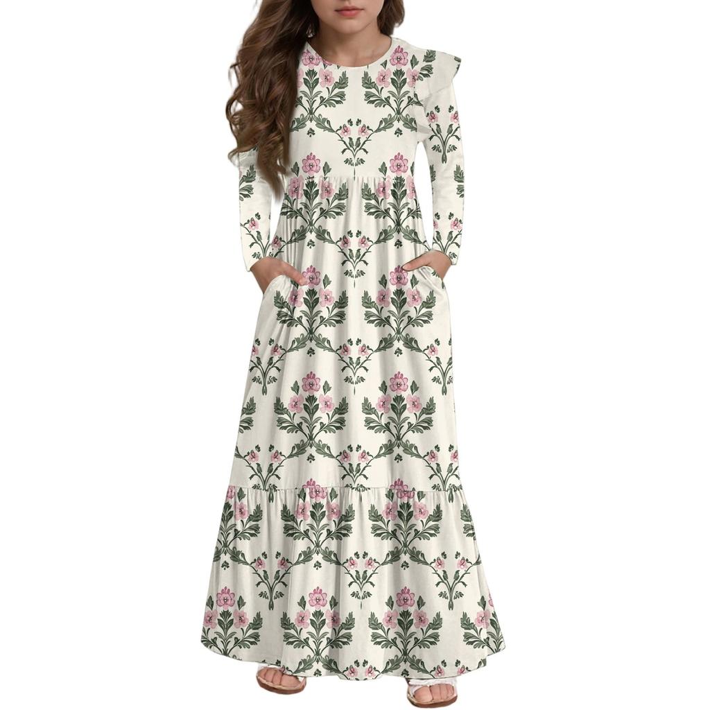 Girls' Tiered Ruffle Dress - Long Sleeve Printed Maxi With Pockets