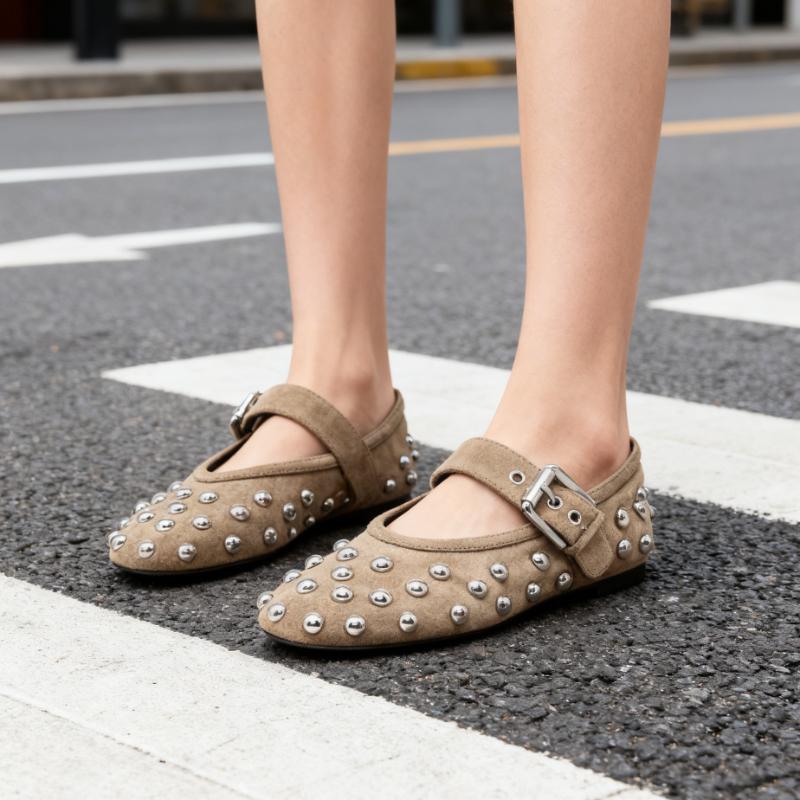 Metal Rivet Decoration Ballet Flats Women Punk Style Wide Strap Metal Buckle Mary Jane Shoes for Women Comfortable Flat Sneaker