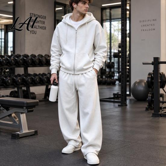Two Piece Workout Set Men Tracksuit 2 Pieces Set Hoodie Coat Drawstring Sweatpants Active Fitness Outfits Outdoor Activities Outfit Solid
