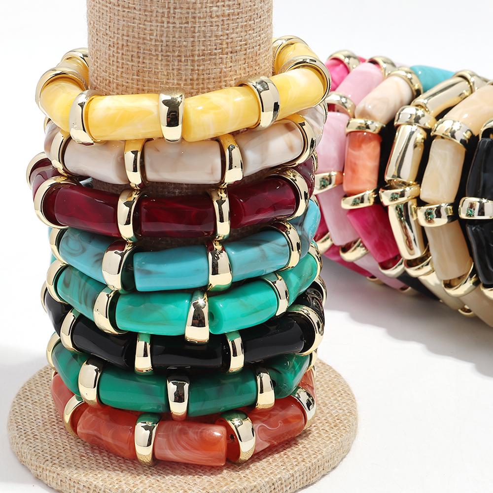 Винтажные акриловые бамбуковые бусины Браслеты для женщин Модные смоляные массивные трубчатые бусины Эластичный штабелируемый браслет Новое ювелирное изделие Подарок