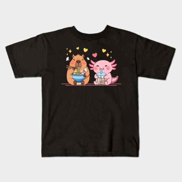 Boys Girls Soft Cotton Graphic Tees Cute Capybara And Axolotl Funny Ramen Boba Tea Anime Kids Breathable Daily School Wear Kids T-Shirts
