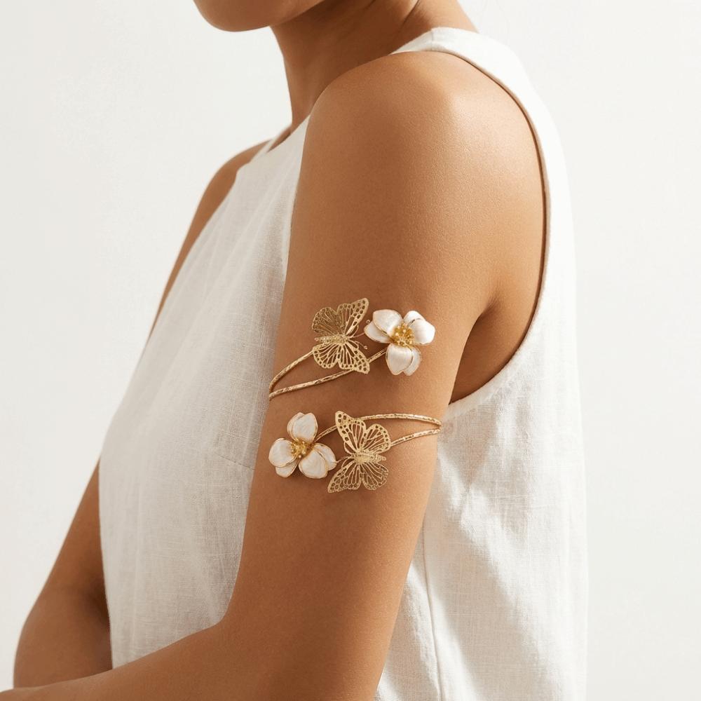 White Butterfly Flower Arm Cuff Gold Color Flower Cuff Arm Ring Vintage Spiral Arm Bracelet Gifts