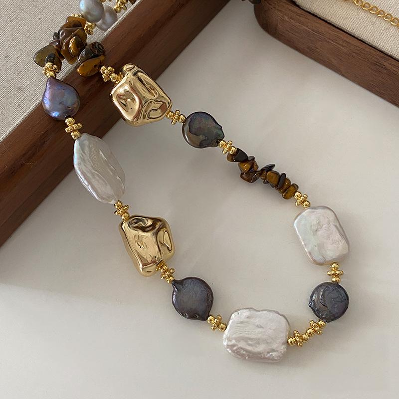 Baroque Pearl Necklace Summer Does Not Fade Tiger'S Eye Stone Neck Chain High Quality Accessories Ethnic Style Sweater Chain Women