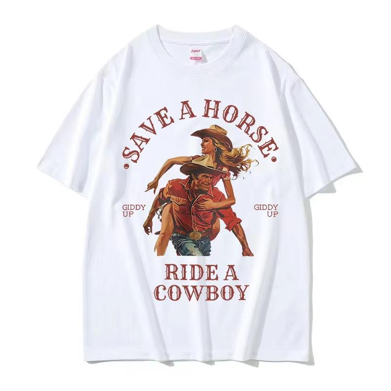 Save A Horse Ride A Cowboy Принт Футболка Унисекс Женская Харадзюку Мода Винтажная Футболки с Круглым Вырезом Повседневная 100% Хлопок Оверсайз Футболка