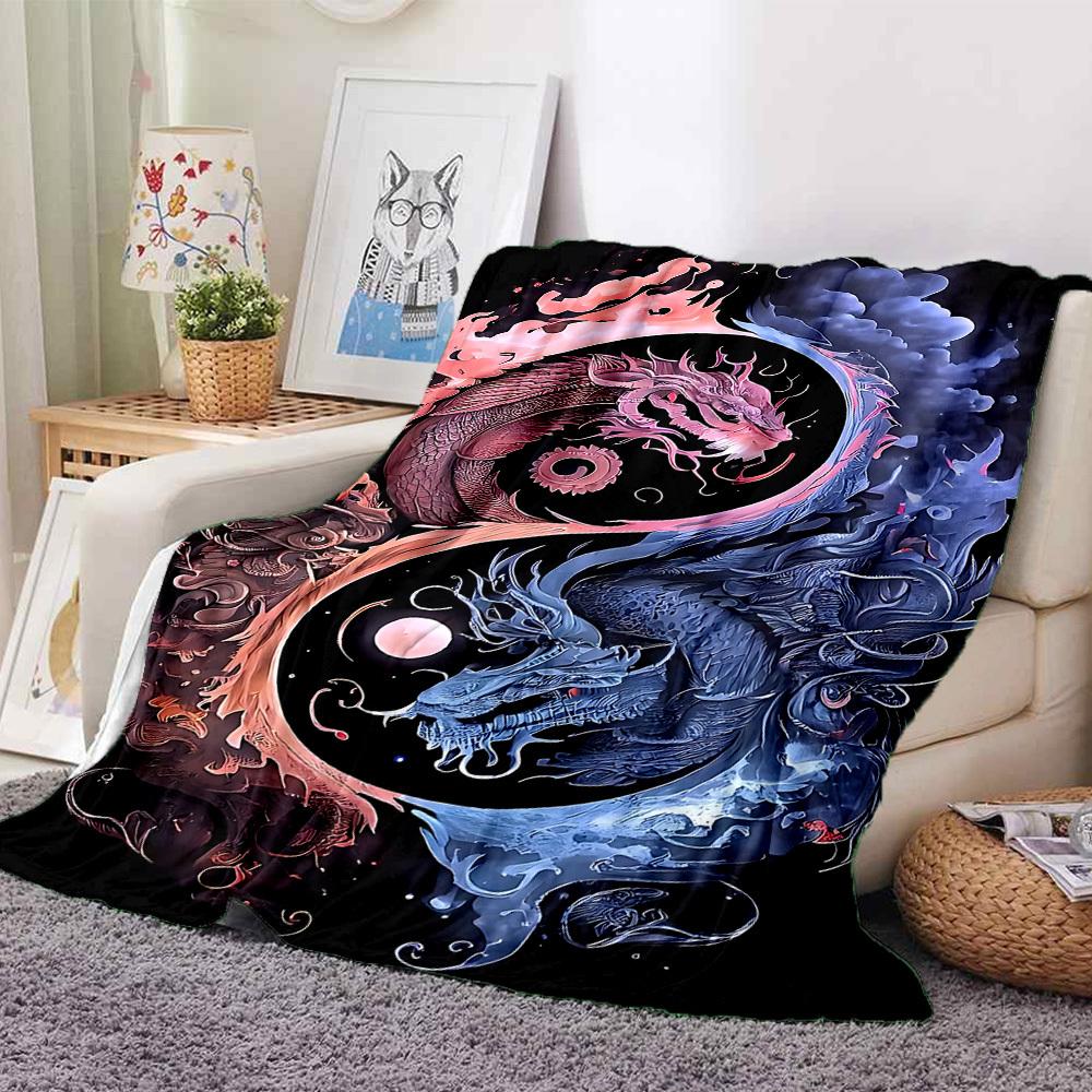 1pc Yin Yang Dragon Blanket, Lightweight Flannel Throw For Sofa, Bed, Travel, Camping, Livingroom, Office, Couch, Chair