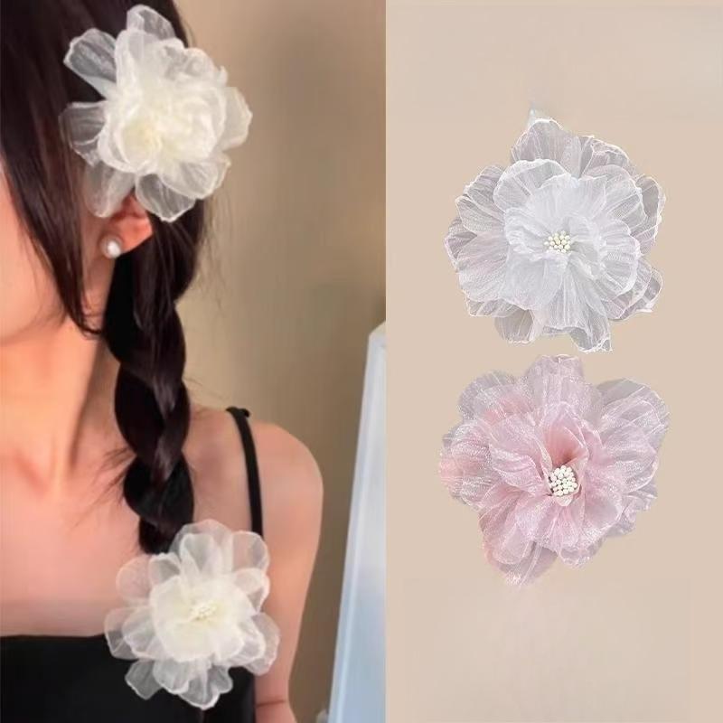 2pcs Elegant Bohemian Chic White Mesh Flower Hair Clips | Ruffled Petal Design, Sweet Floral Hair Accessories | for Women and Girls