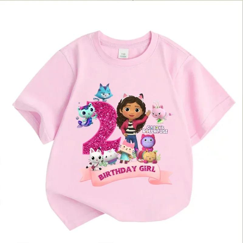 Tshirt with Gabbys Dollhouse birthday number for girls white and pink shortsleeve Tshirts party supplies