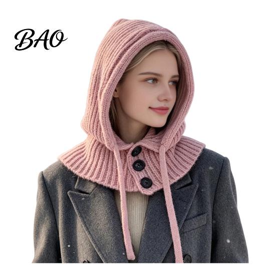 Cozy Knit Hat Women Hooded Scarf for Winter, Pullover Balaclava Hood Thermal Ear Protection Cap with Adjustable Drawstring, Warm Neck Gaiter