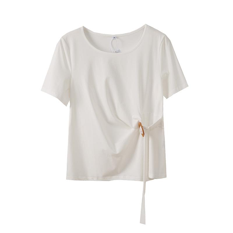 Large size design waist buckle short-sleeved t-shirt summer new thin round neck irregular top 262757