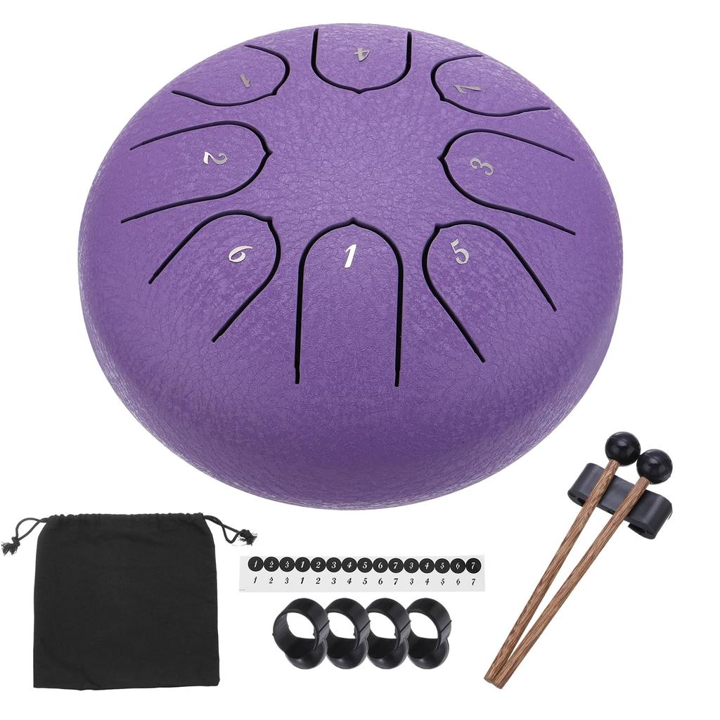 Uxcell Стальной язычковый барабан, 6 дюймов 8 нот Стальной ручной барабан с сумкой, палочками и нотным листом, Беспроблемный для йоги, медитации и кемпинга (фиолетовый)