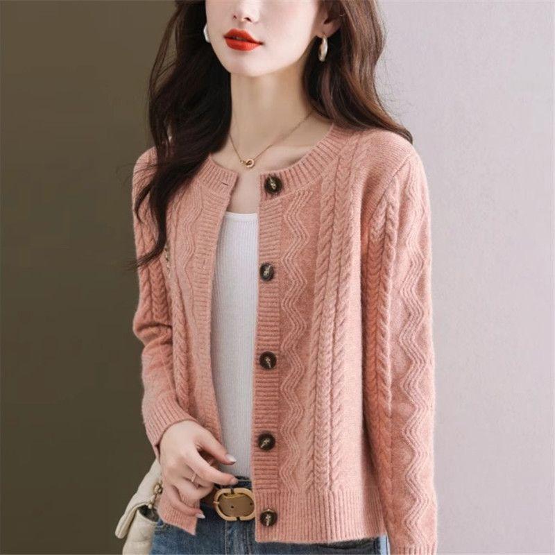 Round Neck Wool Cardigan Coat Women's Fried Dough Twists Temperament Knitwear Sweater Short Autumn and Winter