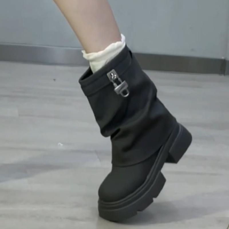 Весенняя и осенняя женская обувь 2024 года, новые однотонные туфли до середины голени с круглым носком, женские модные ботинки на высоком каблуке и рукавами