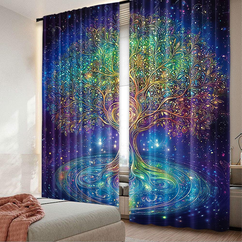2Pcs Colorful Tree Curtain Tree Of Life With Floral Style Artwork For Bedroom Living Room And Dining Room 29.53X65.35In,