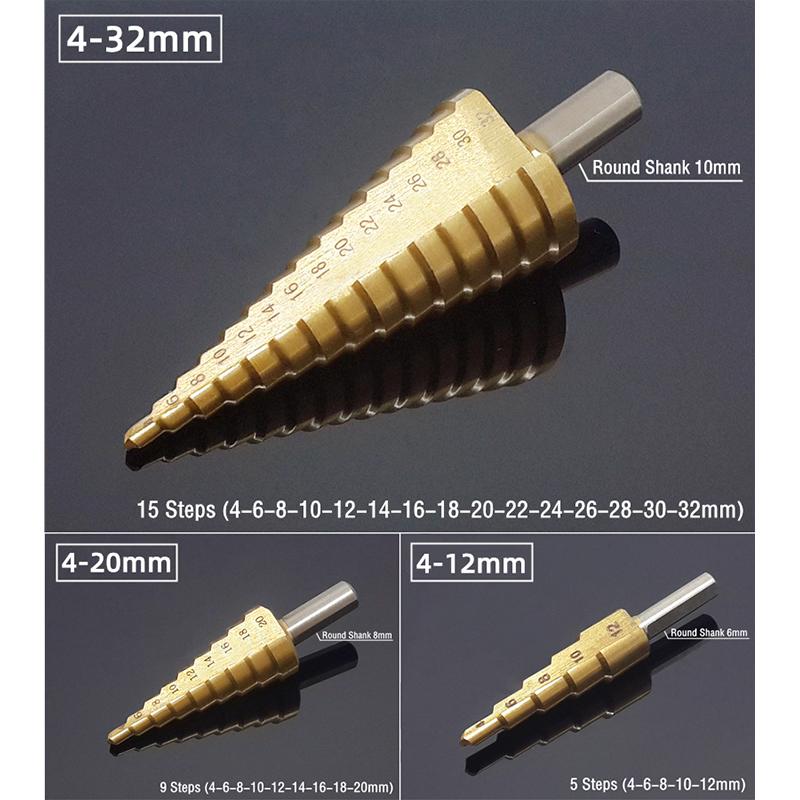 6Pcs HSS Steel Titanium Step Drill Bit Set 4-12/20/32mm Metal Hole Cutter Wood Cone Core Drilling Hole Saw Tool+3,6,8 Saw Drill