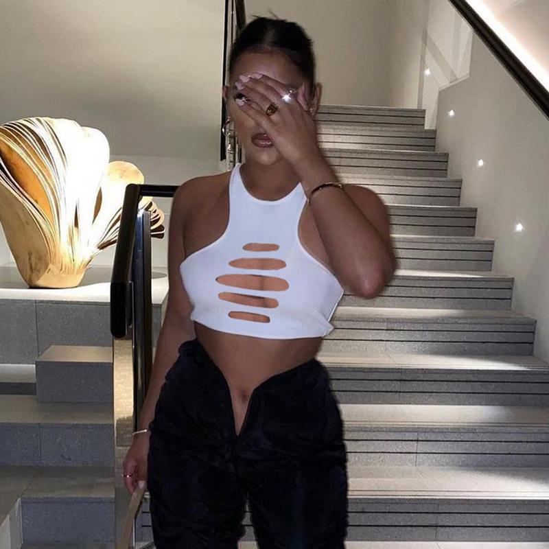 Off Shoulder Hollow Out Clubwear Tank Vest Crop Tops 2022 Sexy Summer Solid Color Bodycon Party Tank Streewear Bustier