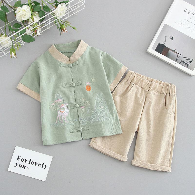 Детский костюм ханбок для мальчиков в стиле Тан, детский летний костюм в китайском стиле с короткими рукавами из хлопка и льна, детский ретро-стиль династии Мин