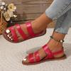 2024 New Women's Solid Color Faux Leather Flat Sandals, Casual Open Toe Summer Shoes, Lightweight Ankle Strap Sandals