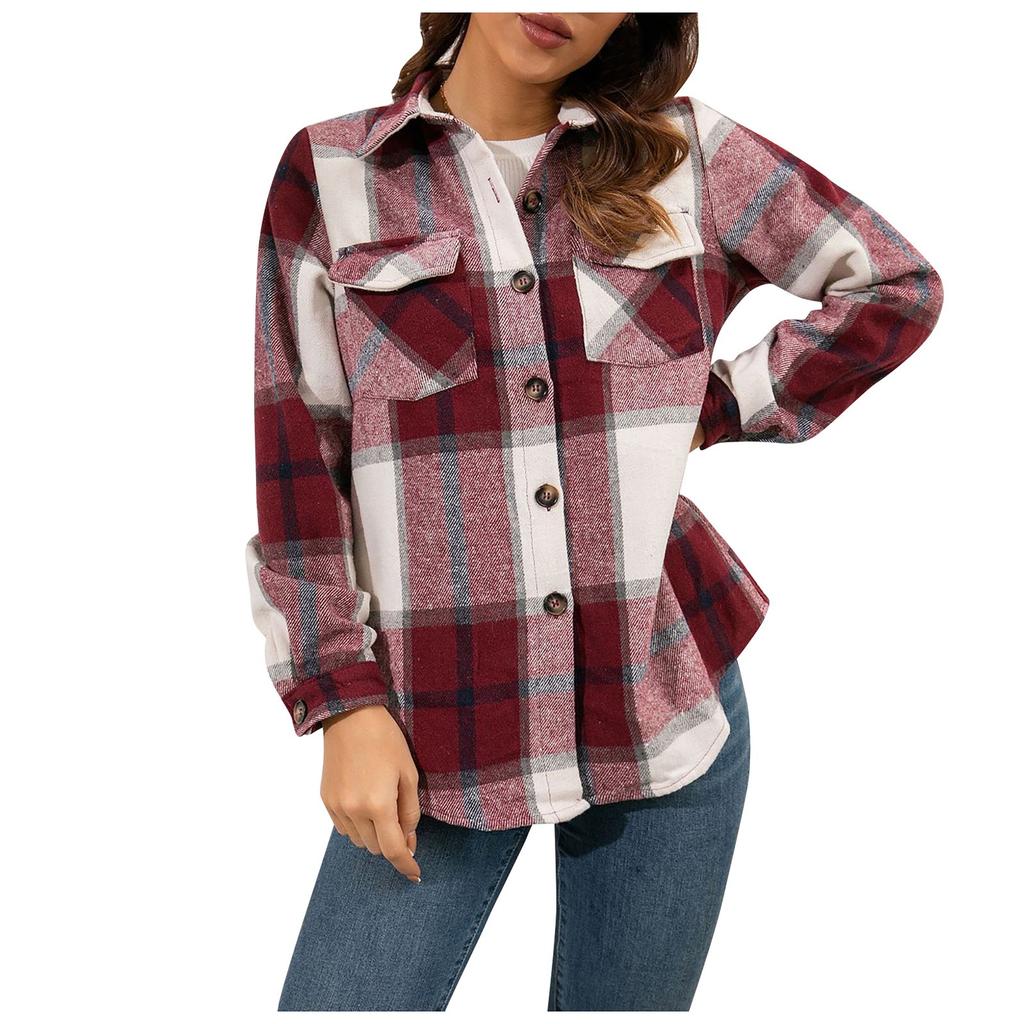Модная женская повседневная свободная шерстяная плюшевая клетчатая куртка-рубашка с длинными рукавами