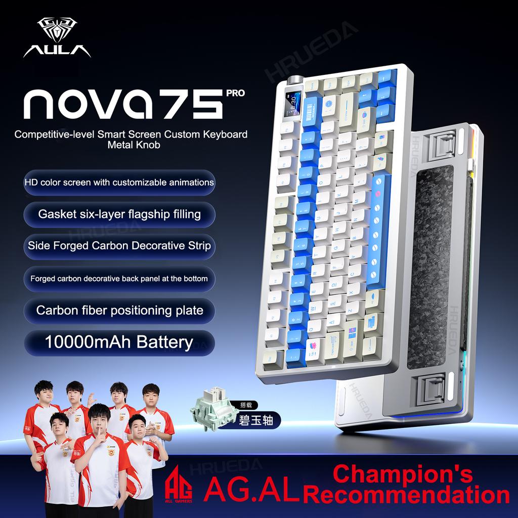 Aula NOVA75 75% Gasket Tri-Mode Keyboard 1.14"TFT Screen Knob Carbon Fiber 8000mAh Hot  Custom Mechanical Keyboard for PC Gamer