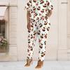 Women Plus Size White Christmas Printed Two Piece Pants Set Short Sleeve Top With Pockets