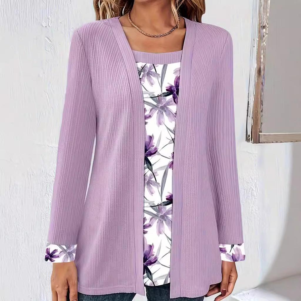 Осенне-весенний женский фальшивый топ из двух частей с квадратным воротником и принтом, блузки, повседневная свободная футболка с длинным рукавом