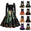 Хэллоуин женское повседневное модное винтажное платье с квадратным вырезом и принтом