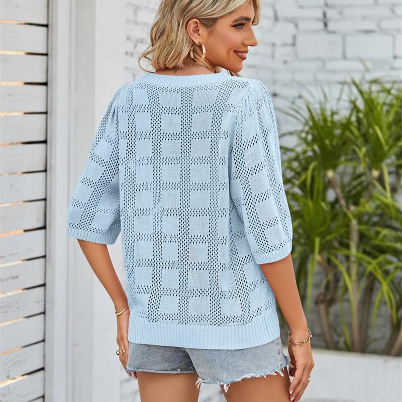 HNXC Женские модные повседневные летние однотонные блузки и рубашки с круглым вырезом и рукавами 3/4 с принтом