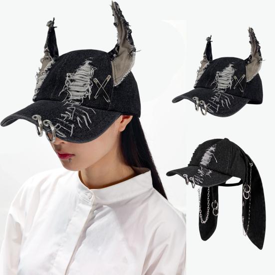 Denim Baseball Hat Adjustable Strap Distressed Design Denim Cap with 3D Bunny Ears
