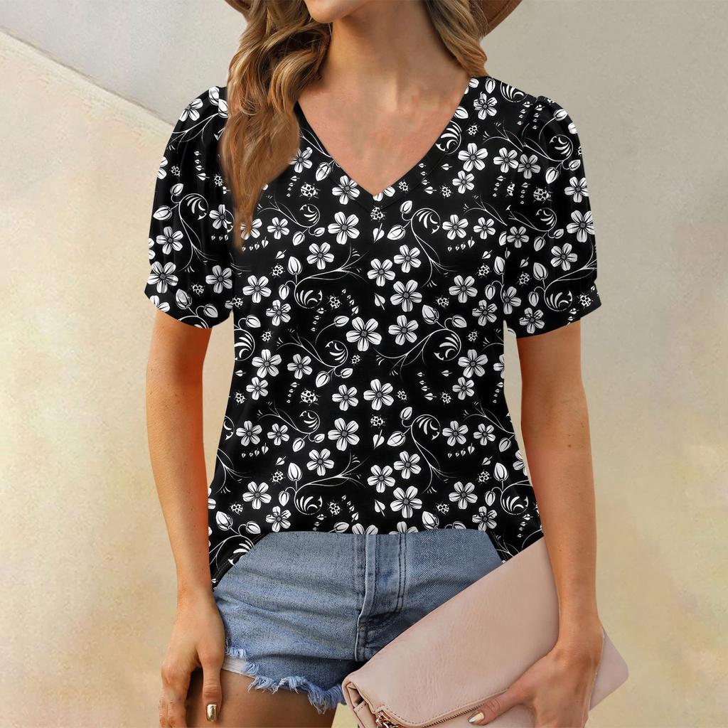 Женские летние топы с коротким рукавом и V-образным вырезом, свободные повседневные футболки