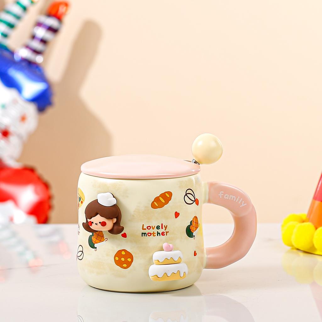 Креативная мультяшная керамическая кружка с крышкой и ложкой, семейная кружка, чашка фэн-шуй для девочек, большой объем