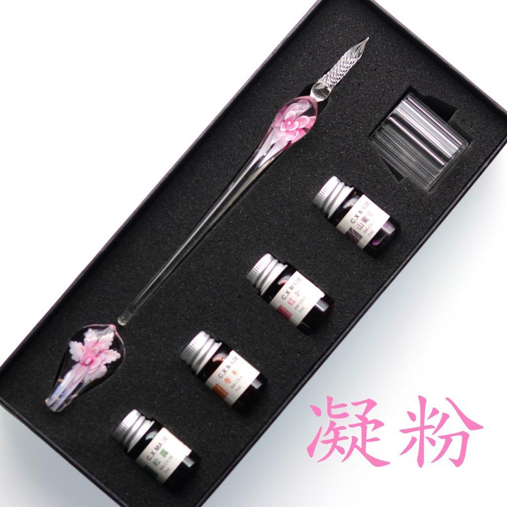 Embedded flower glass pen set, colored dipping pen, street vendor gift box, signature pen, glass pen gift