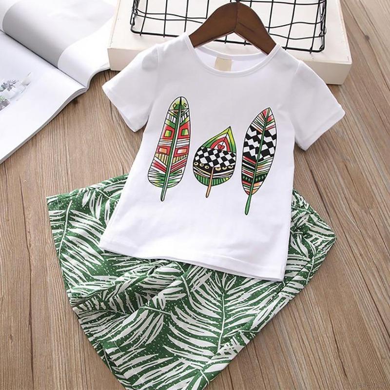 Детский костюм для девочек, футболка с короткими рукавами и принтом, свободные широкие брюки в стиле тропического леса, летняя повседневная одежда