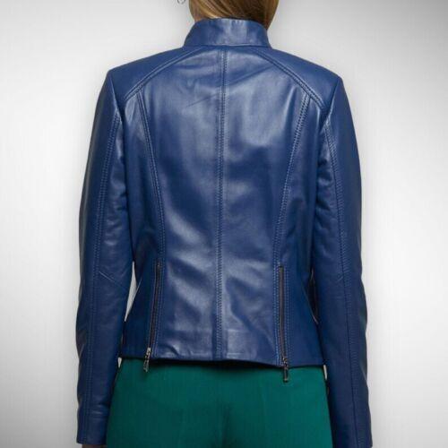 Стильная синяя женская куртка ручной работы из натуральной овчины, новая мотоциклетная байкерская куртка