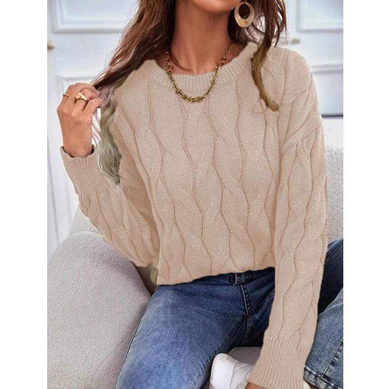 Womens Knitwear Cable Knit Sweater Autumn Round Neck Long Sleeve Pullover Tops Ladies Winter Casual Loose Jumper