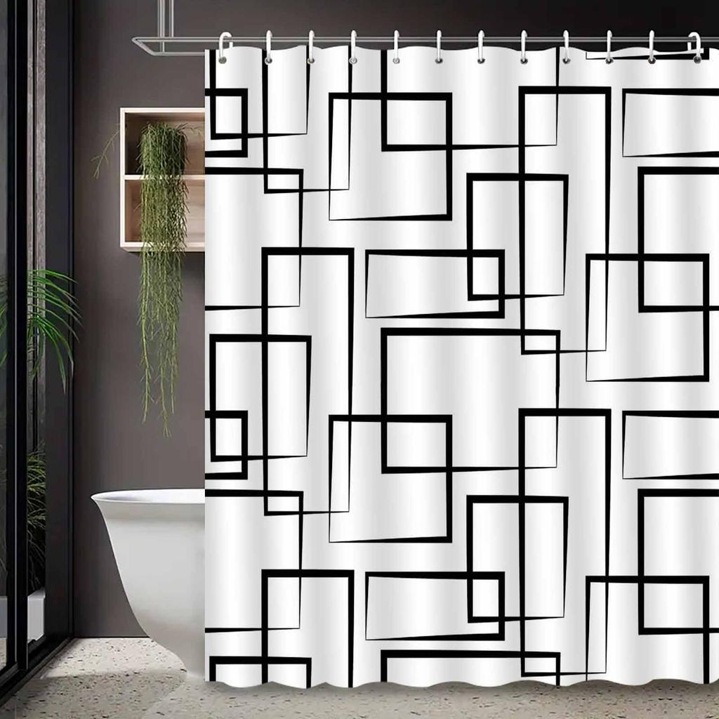 Minimalist Modern Black & White Geometric Shower Curtain, Elegant Bathroom Decor, Box Line Design, High-End Polyester Fabric