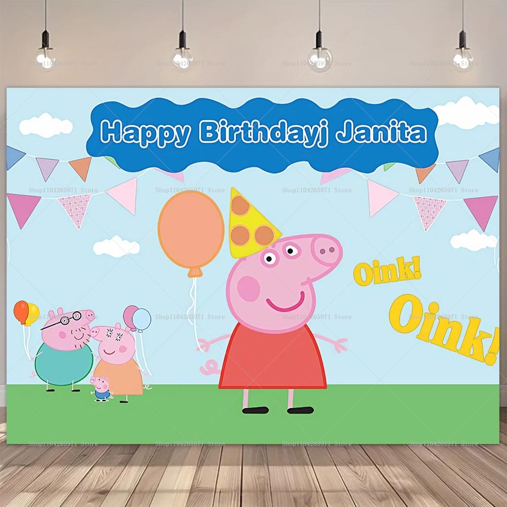 Funny Peppa Pig Cartoon Family Backdrop Happy Birthday Kids Photo Background Banner Boys Girls Baby Shower Party Decor Supplies