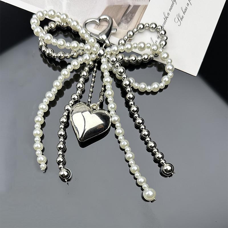 Sweet Bowknot Heart Keychain Pendant Lovely Beaded Hanging Decorations Keyring Charm Phone Lanyard Phone Charm Bag Pendant