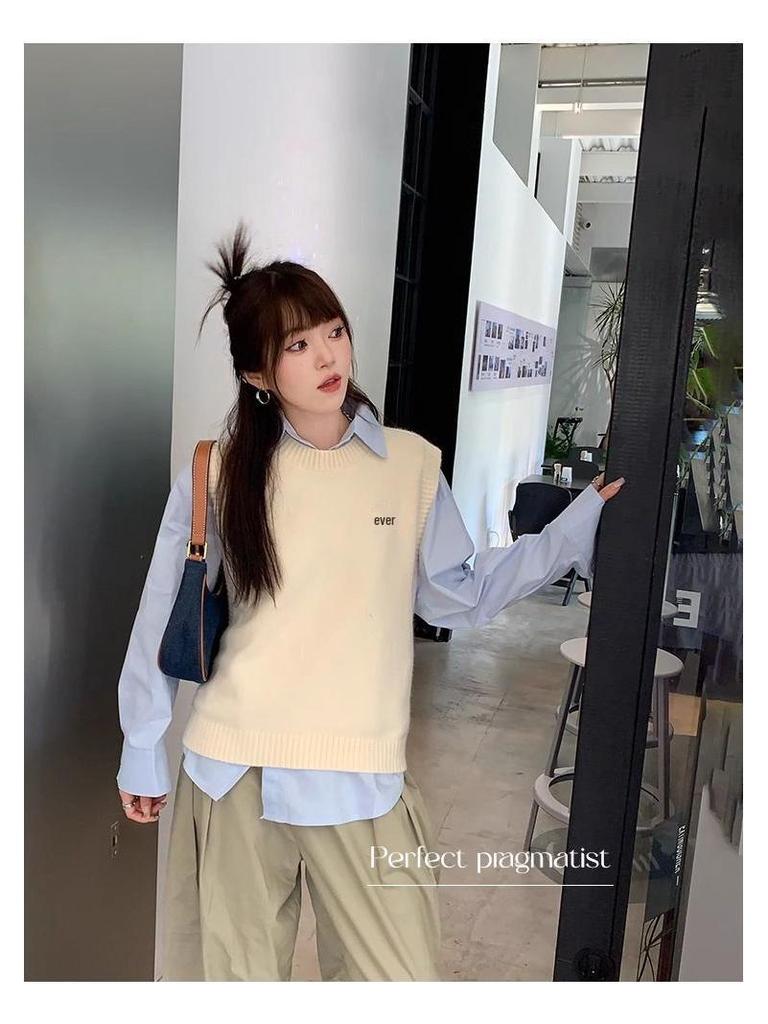 Женский вязаный жилет-свитер - Весна/Осень 2024 Маленький Без рукавов Многослойный топ