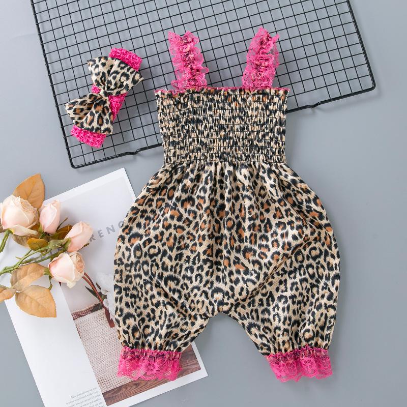 Newborn Baby Girl Summer Outfits Flower Romper Bodysuit Skirt Hat Jumpsuit with Hair Band Toddler Kids Baby Girls Sleeveless Summer Leopard Set Tide