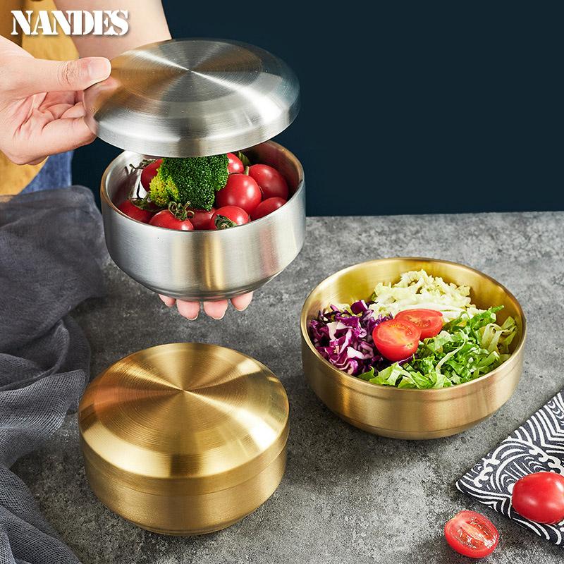Korean Kimchi Bowl 304 Stainless Steel Double Rice Bowl Soup Bowl Steamed Rice Bowl Children's Anti-Scalding Rice Bowls