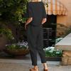 Women's Summer Plus Size Retro Sets Cotton Linen Half-sleeved O Round Neck Top Tied Straight Trousers