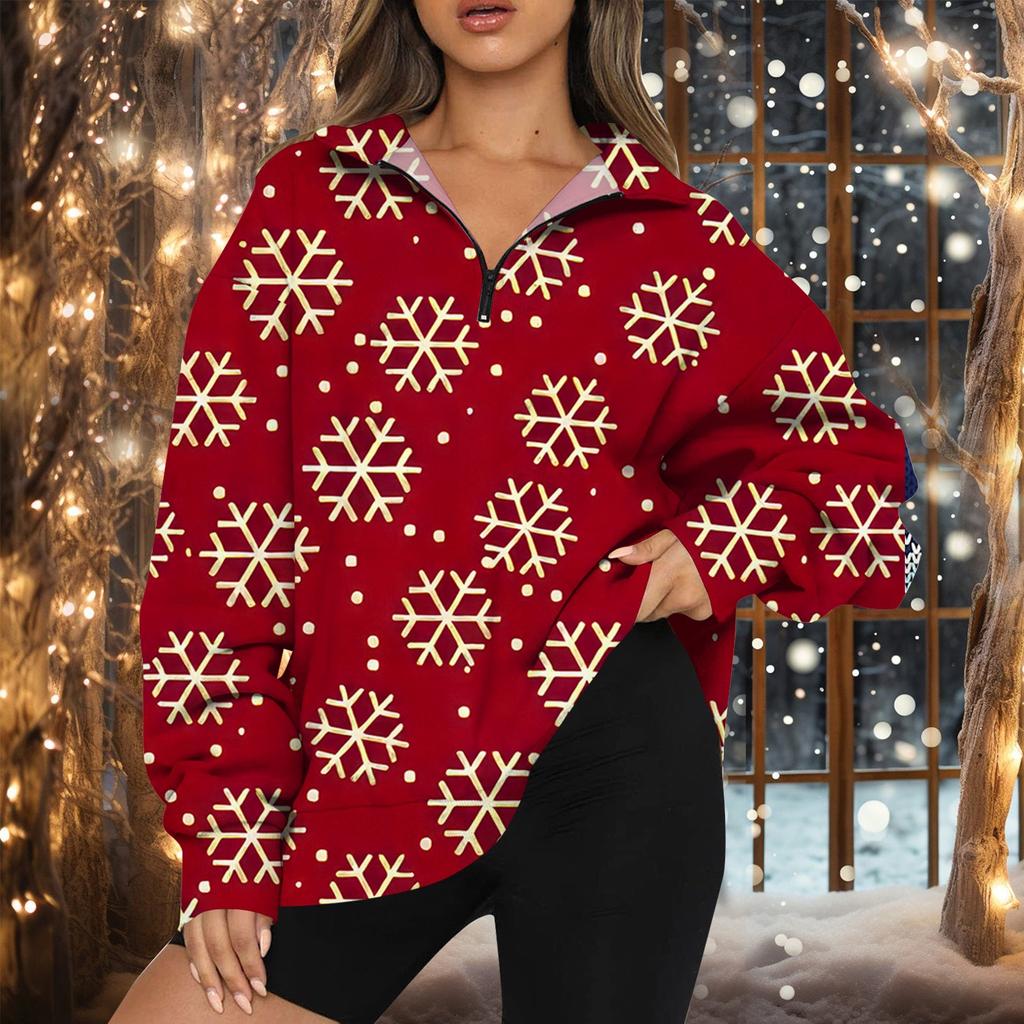 Women's Fashion Casual Long Sleeve Printed Zipper Turtleneck Drop Shoulder Sweatshirt Top