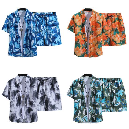 2 шт./комплект мужской пляжный наряд однобортная рубашка с лацканами и коротким рукавом эластичный шнурок на талии широкие шорты комплект