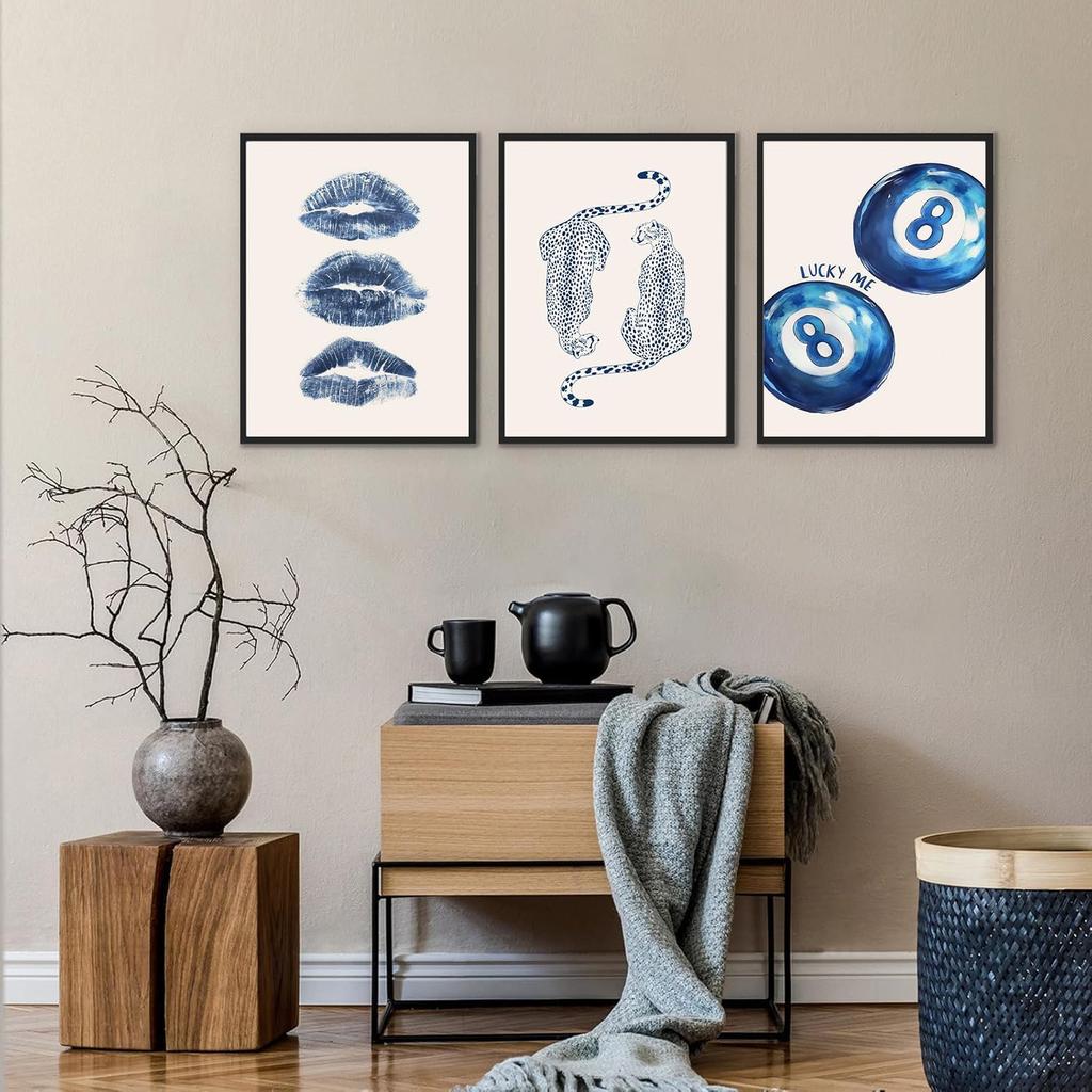 Set of 3 Trendy Cheetah Wall Art Funky Navy Blue Kiss Lips wall decoration pictures Retro Lucky 8 Ball Leopard Pattern Poster prints for Girls