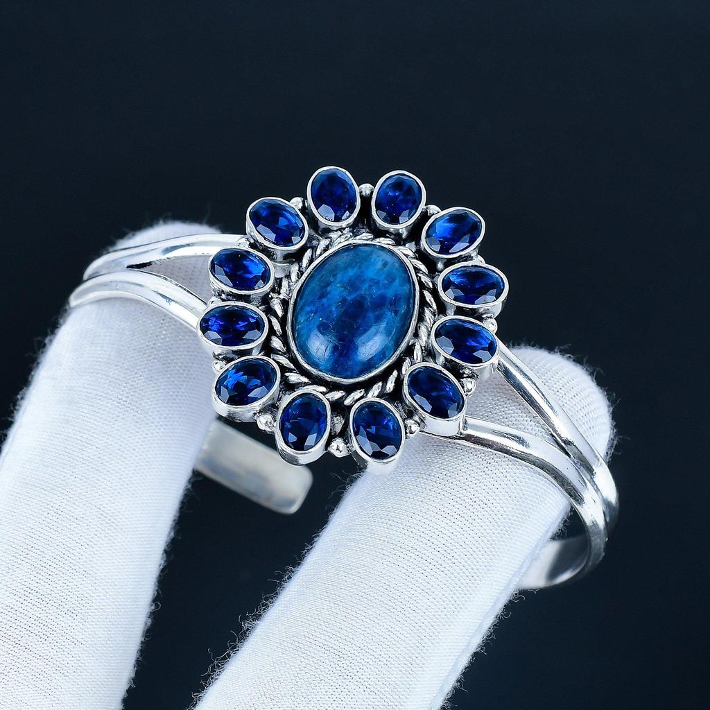 Натуральный Содалит Драгоценный Камень Ручной Работы Манжета Браслет 925 Стерлинговое Серебро Манжета Браслет, Браслет в Форме Цветка с Синим Сапфиром Для Жены, Унисекс Браслет